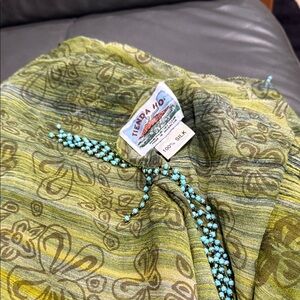 Papillon Blanc Green and Yellow Scarf with Blue Beads